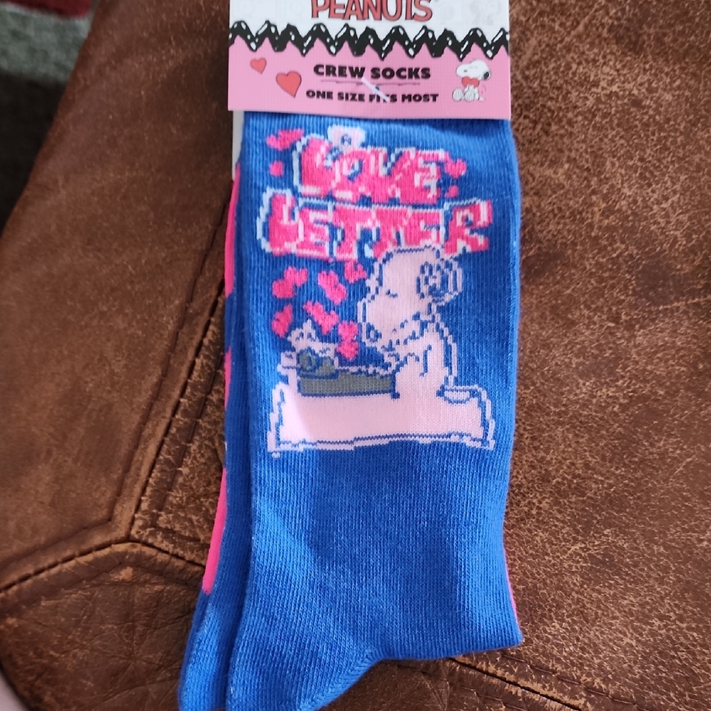 Peanuts Love Letter Blue and Pink Crew Socks